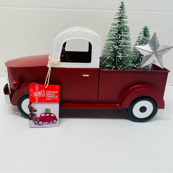 Red Metal Truck Snowy Trees Decoration Centerpiece Farmhouse NEW, Vintage Look! - Picture 3 of 12